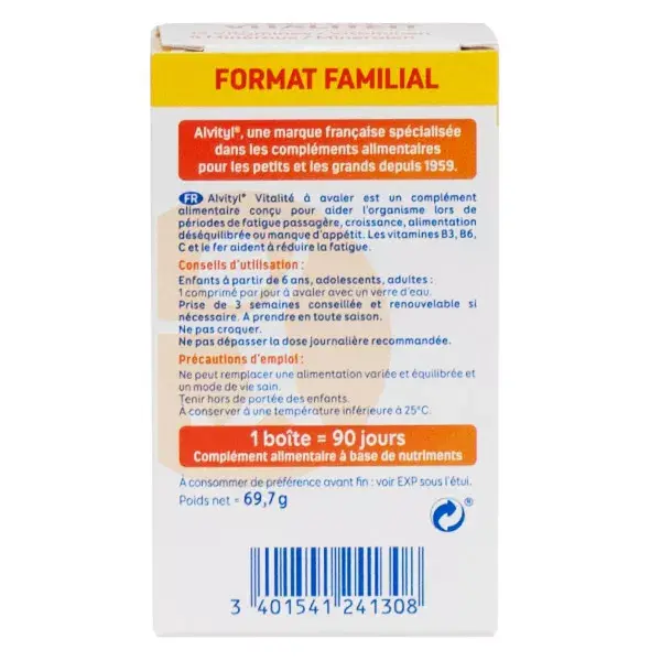 Alvityl Vitality para engolir, 12 vitaminas e 8 minerais, a partir dos 6 anos de idade, 90 comprimidos