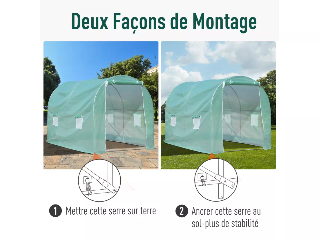 Serre de jardin tunnel surface sol 6 m² 3L x 2l x 2,10H m châssis tubulaire renforcé porte zippée 4 fenêtres enroulables vert