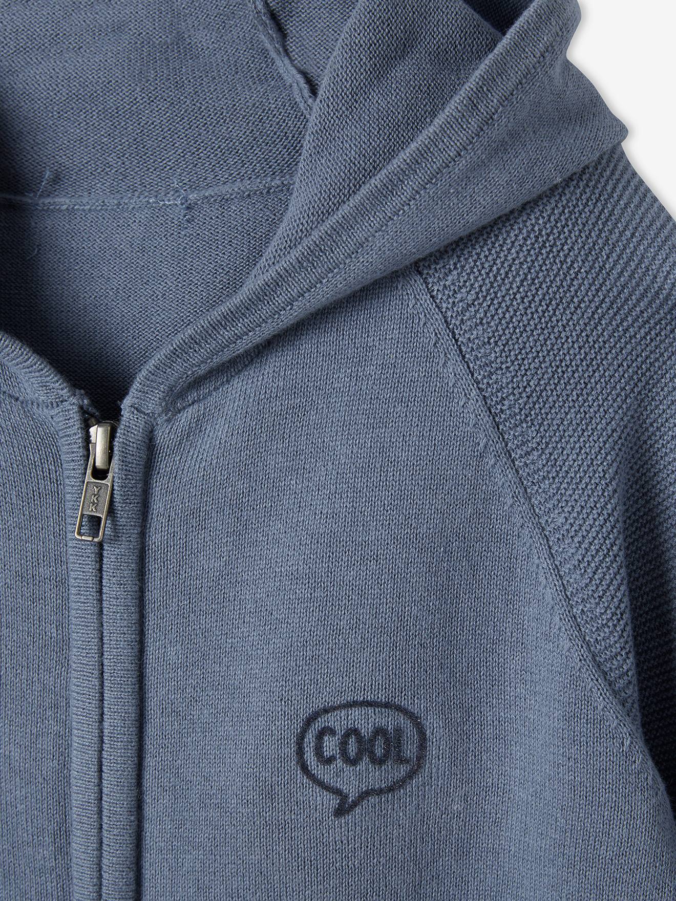 Cardigã com capuz e bojo, para meninos, azul liso com estampas.