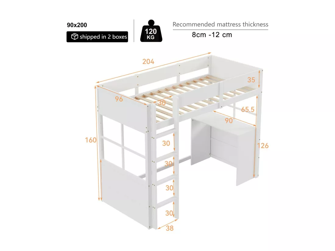Lit mezzanine 90x200cm - avec bureau et barrières de sécurité - Blanc