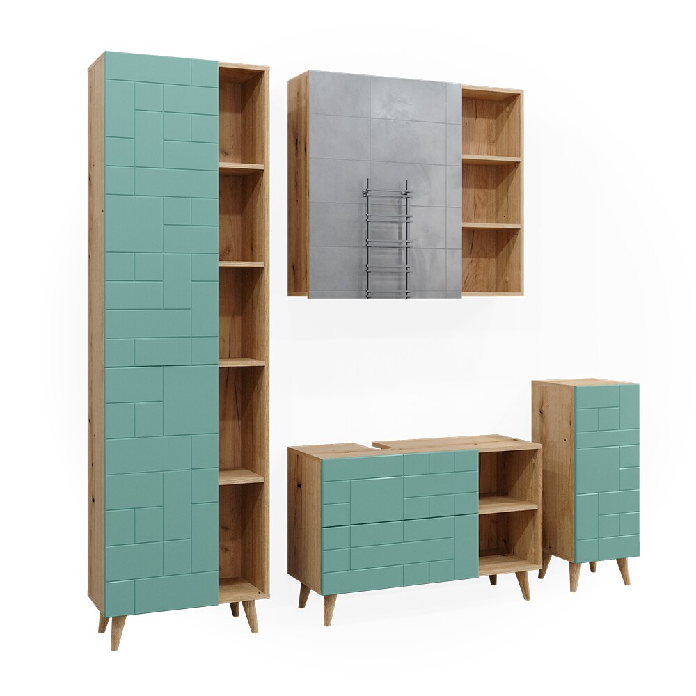Vicco Badmöbel-Set Rudi in Eiche Evoke Mintgrün, Badezimmer, moderne Badserie Waschbeckenunterschrank Spiegelschrank Hochschrank Midischrank