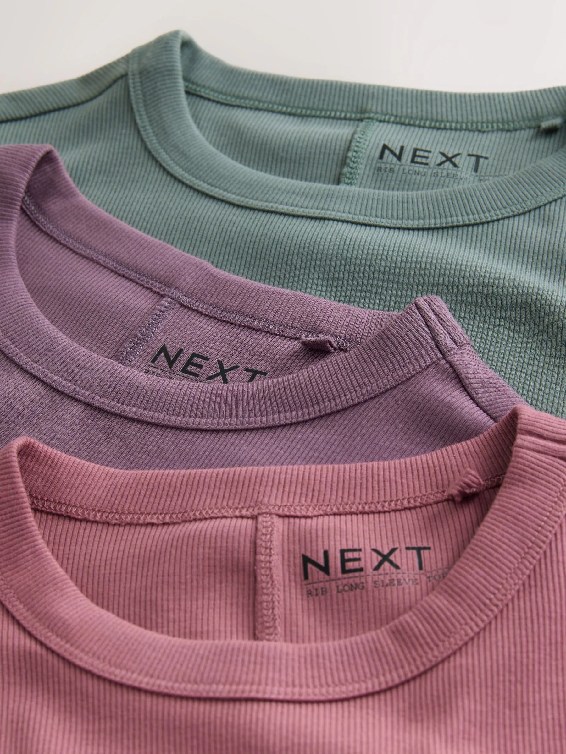 Purple/Teal/Pink - Long Sleeve Ribbed Crew Neck T-Shirts 3 Pack