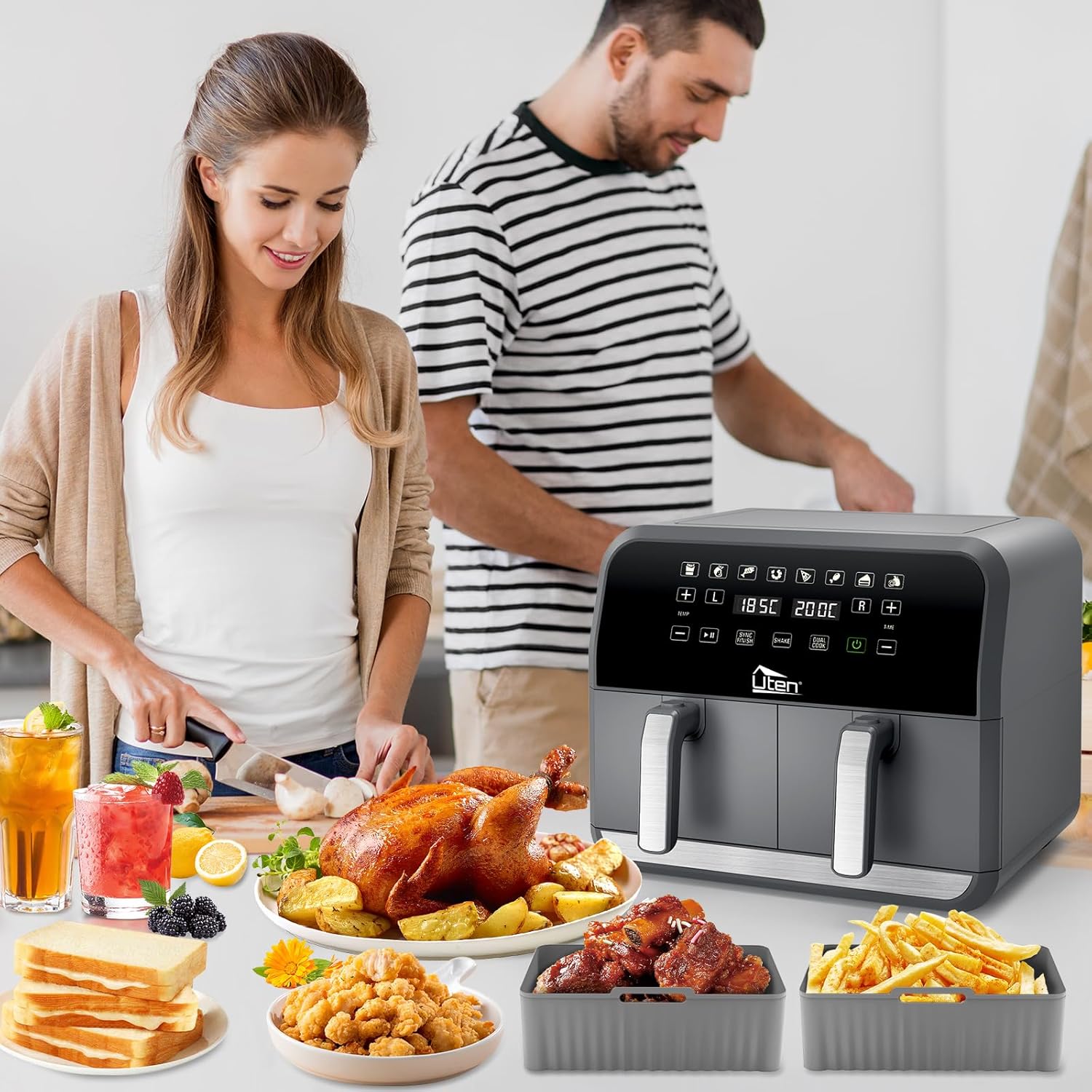 Uten Doppel Heißluftfritteuse, 8L Heißluftfritteuse Dual Zone, XXL Airfryer mit 2 Kammern, Silikonpads, 114 Rezepte, Digitalanzeige mit SYNC FINISH, Shake-Erinnerung, Spülmaschinenfest, E1905