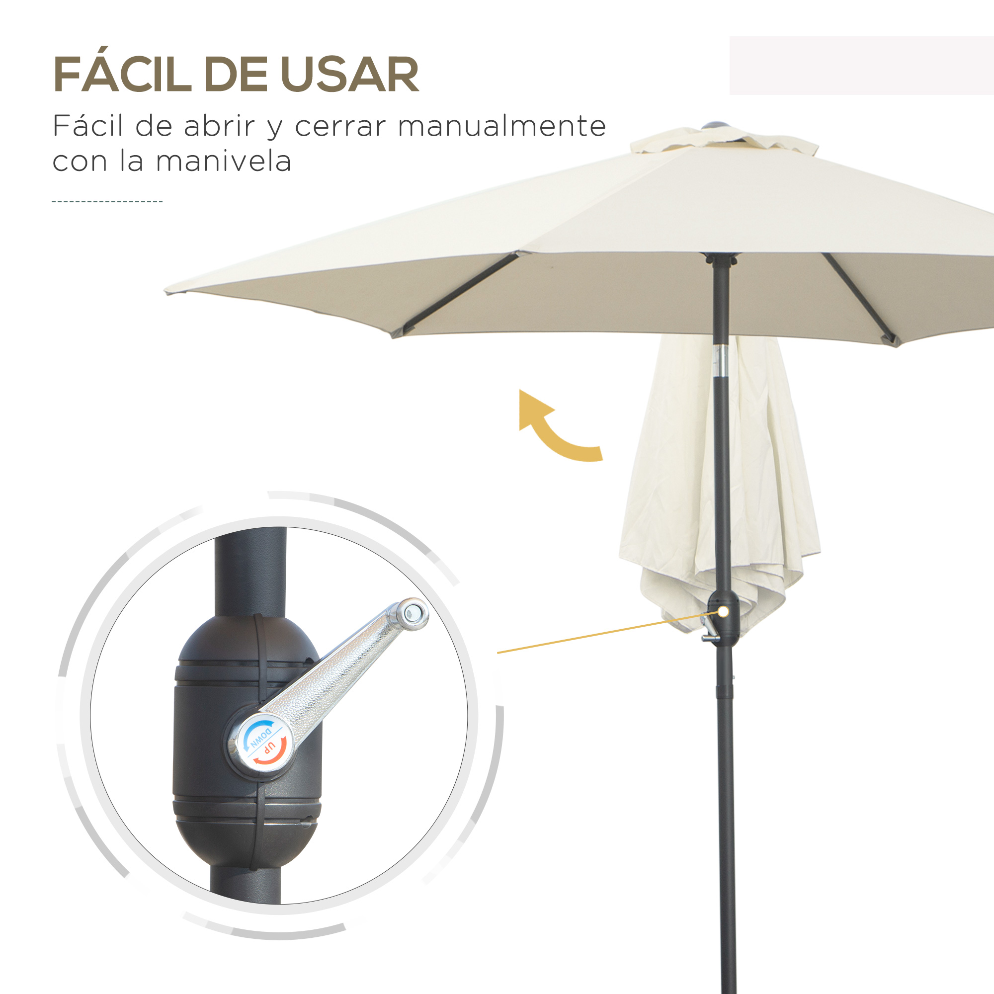 Guarda-sol de jardim Outsunny Ø260x235 cm em alumínio com manivela reclinável e 6 varetas para terraço e varanda, cor creme.