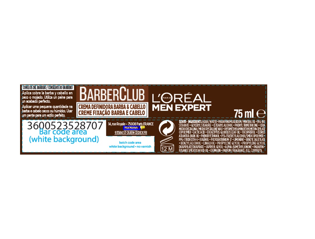 CERA LÓREAL MEN EXPERT BARBERCLUB STYLING CREME FIXAÇÃO BARBA E CABELO 75ML