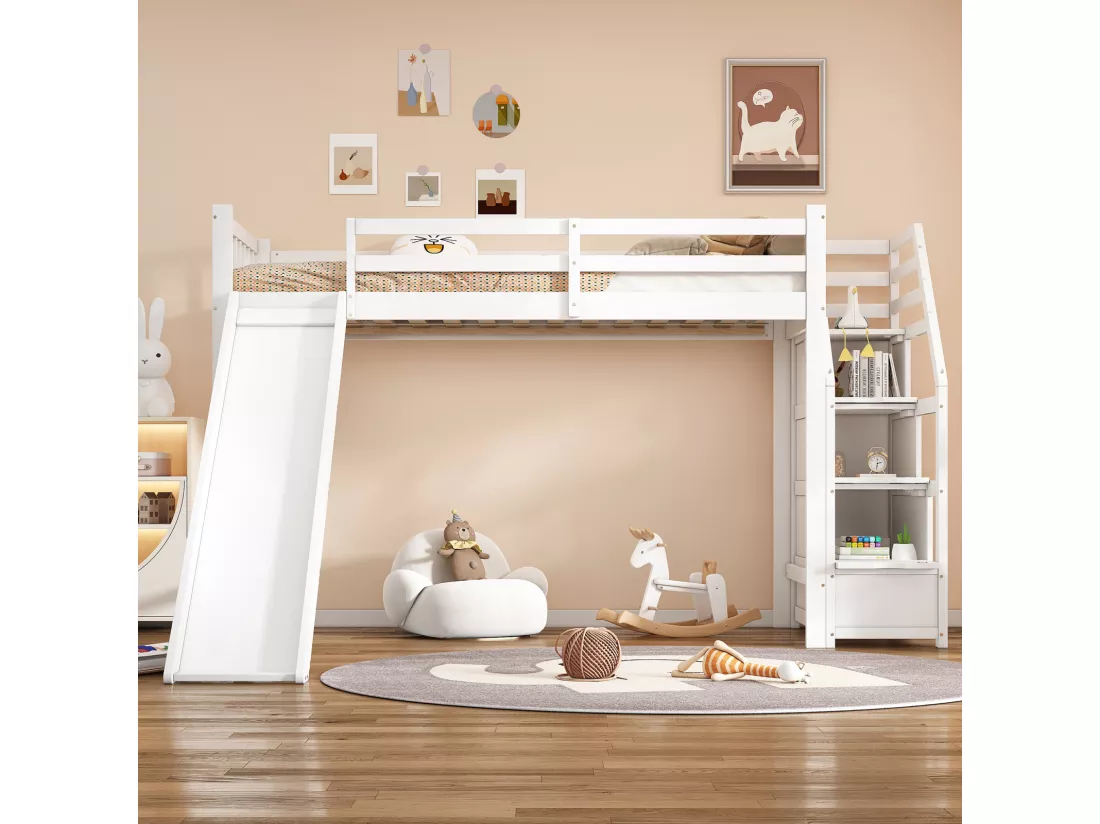 Lit mezzanine 90x200cm, lit enfant avec toboggan, échelle de rangement, certifié EN747, blanc