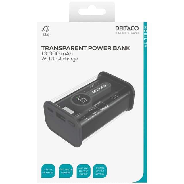 Deltaco Transparent powerbank med hurtig opladning 10.000 mAh