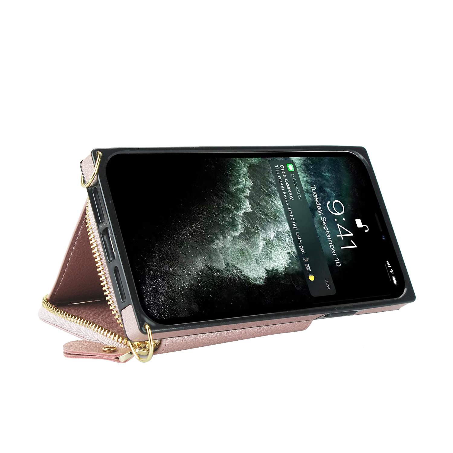 iPhone 11 Necklace Leder Schutz Hülle mit Kartenfächer   Handykette (140cm) - Roségold