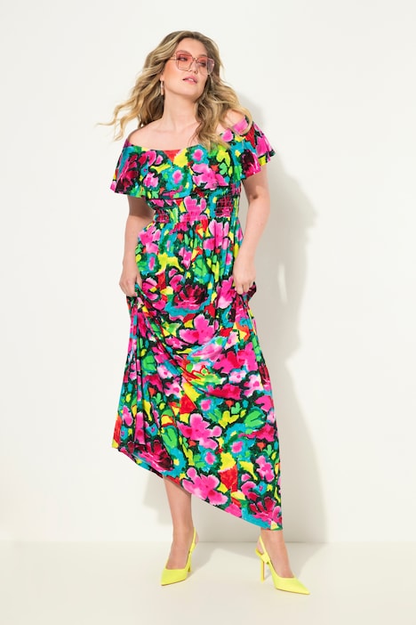 Jersey-Maxikleid, Blumendruck, gesmokte Büste, Carmenausschnitt, Halbarm