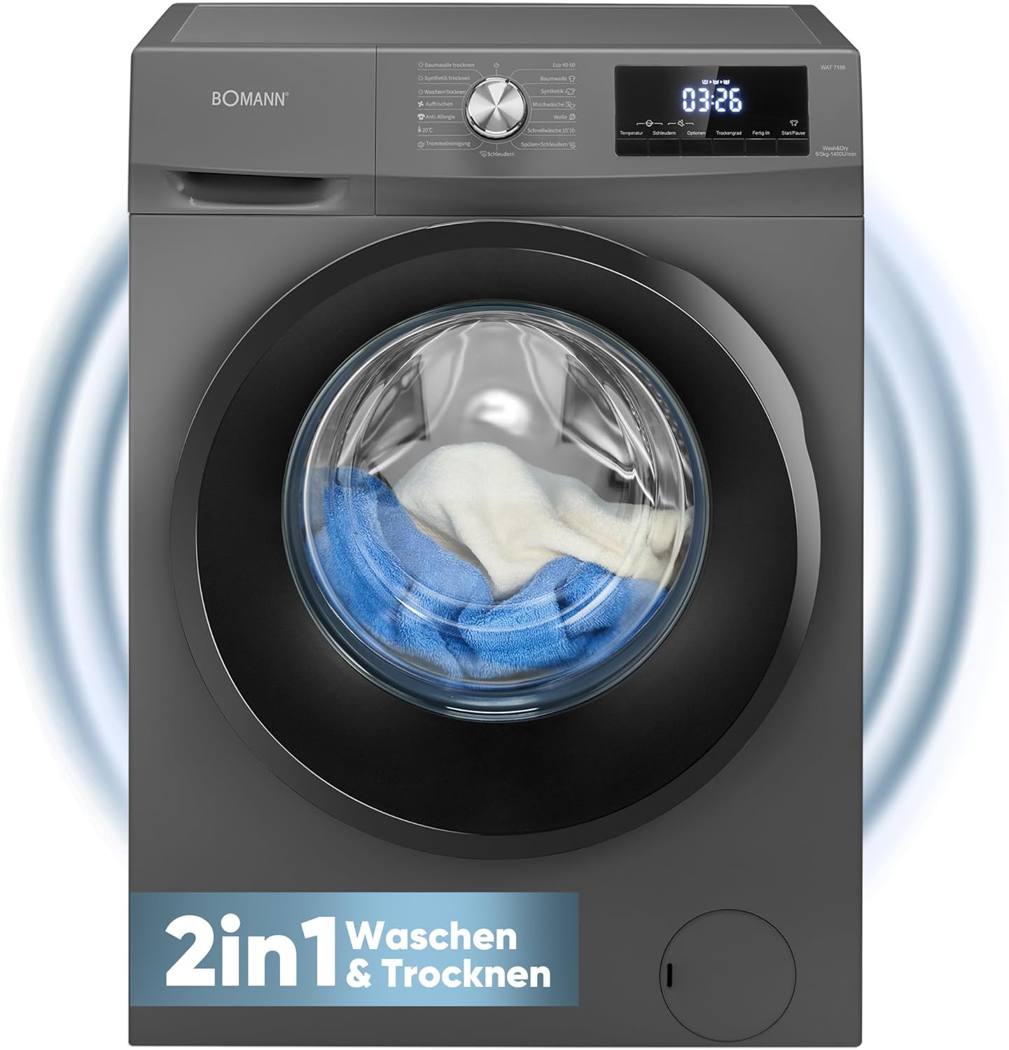 Bomann® Waschtrockner | Waschen und Trocknen | 10 Jahre Motor-Garantie | 8 kg Waschen, 5 kg Trocknen | Invertermotor | 1400 U/Min | Waschmaschine mit Trockner integriert | WAT 7186 titan
