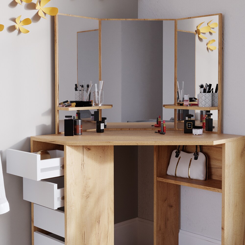 Vicco Eckschminktisch Frisiertisch Schminkkommode Arielle Eiche Weiß Spiegel 110x145 cm modern Schlafzimmer Kommode Schublade Ablage Aufbewahrung Kosmetiktisch Schminkkonsole Make-Up-Tisch