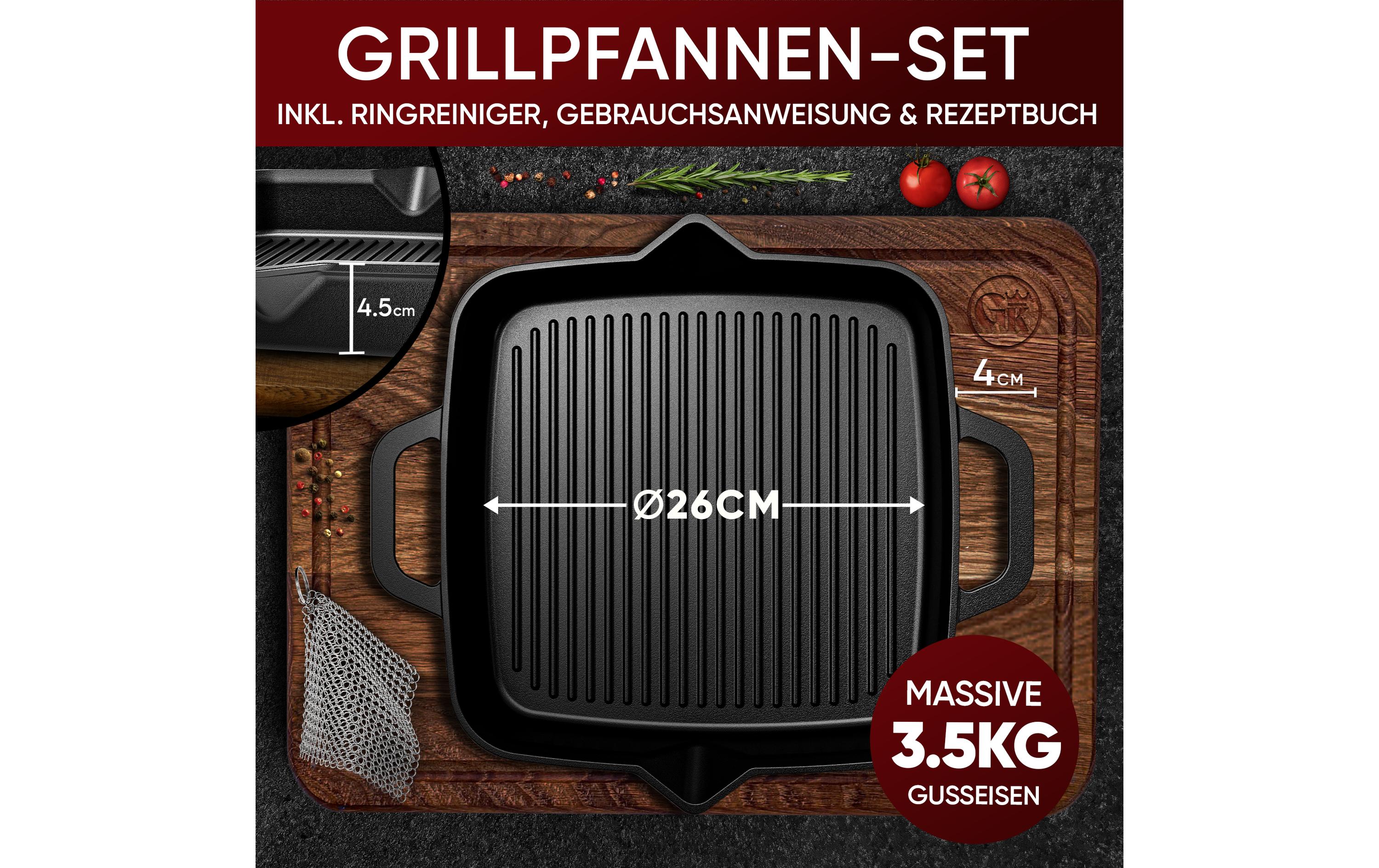 Grillpfanne 26 cm mit RingreinigerGusseisen Grillpfanne mit Ringreiniger
