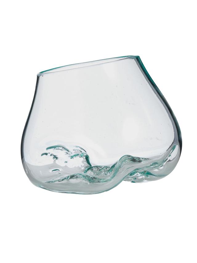 Teakholz mit Glasvase, rund ca. 15-20 cm
