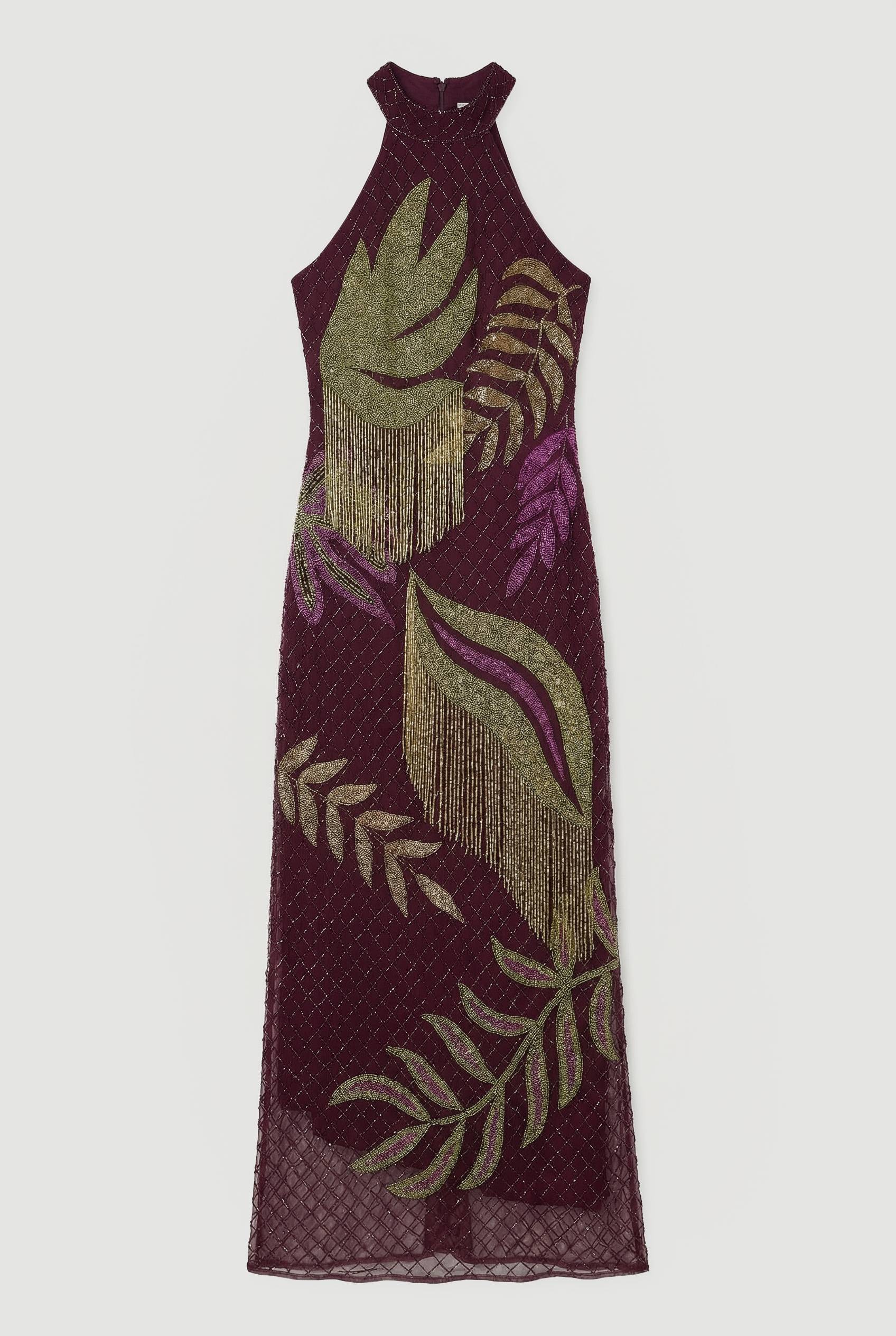 KarenMillen Robe Longue Dos Nu À Bretelles Avec Perles Motif Tropical Petite