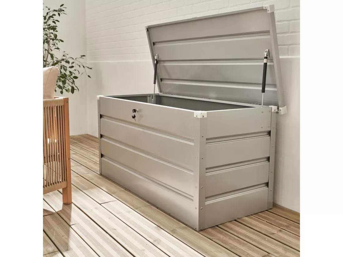 Coffre de jardin en métal - DETROIT- 385L gris aluminium