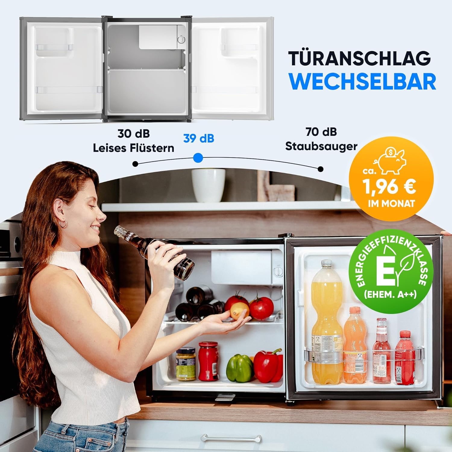 Stillstern Mini Kühlschrank E 45L mit Abtauautomatik, Schloss, Frostfach, Leise, Ideal für Küche, Büro, Schlafzimmer, Hotels und kleine Wohnungen Kühlschrank klein Minibar R600A Getränkekühlschrank