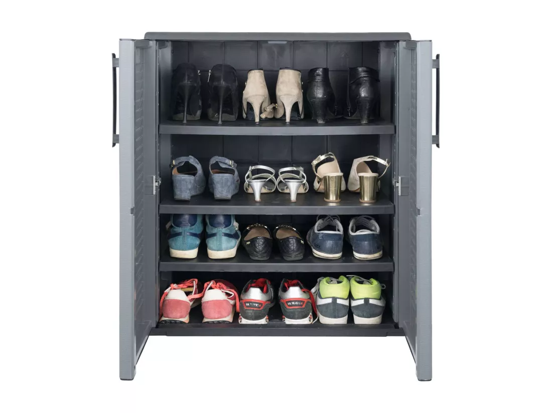 Armoire d'extérieur Bilzen, Mobilier d'extérieur, Armoire de balcon polyvalente, 100% Made in Italy, Gris et Noir, Finition rayée, 68x37h84 cm
