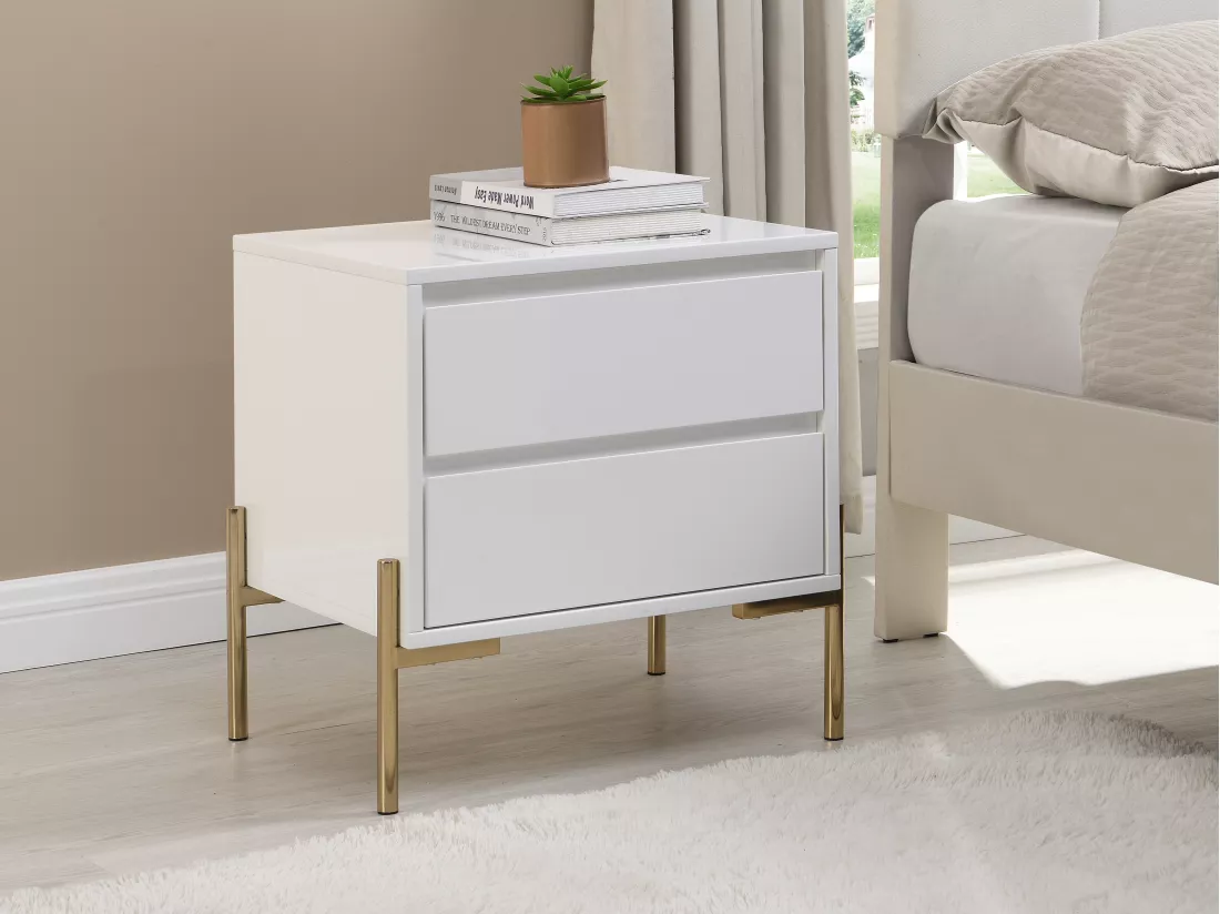 Lot de 2 tables de chevet avec 2 tiroirs - MDF et métal - Blanc laqué et doré - KORASA de Pascal Morabito