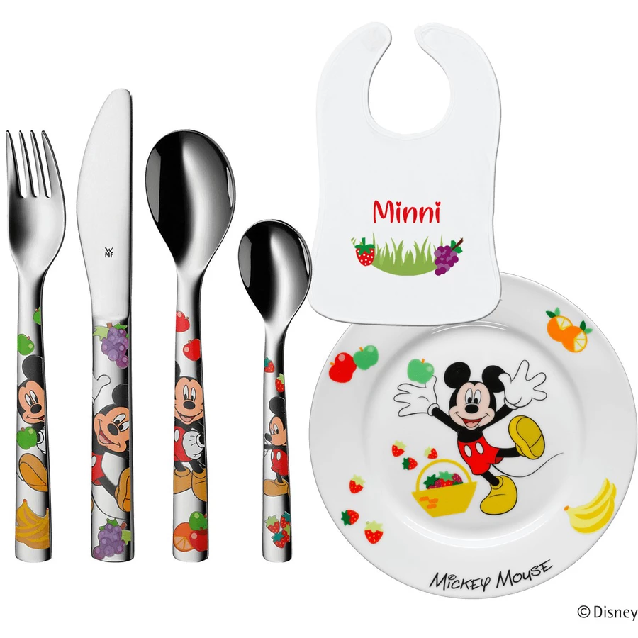Schnullireich Geschenkset mit Namen Mickey Mouse: WMF Kinderbesteck + Teller + Lätzchen 6-Tlg Silber