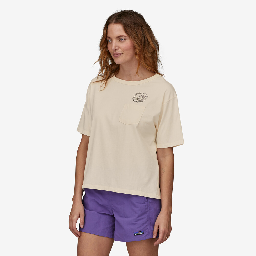 Damen-Bio-T-Shirt mit Tasche, locker geschnitten, Aufdruck „Lost and Found“