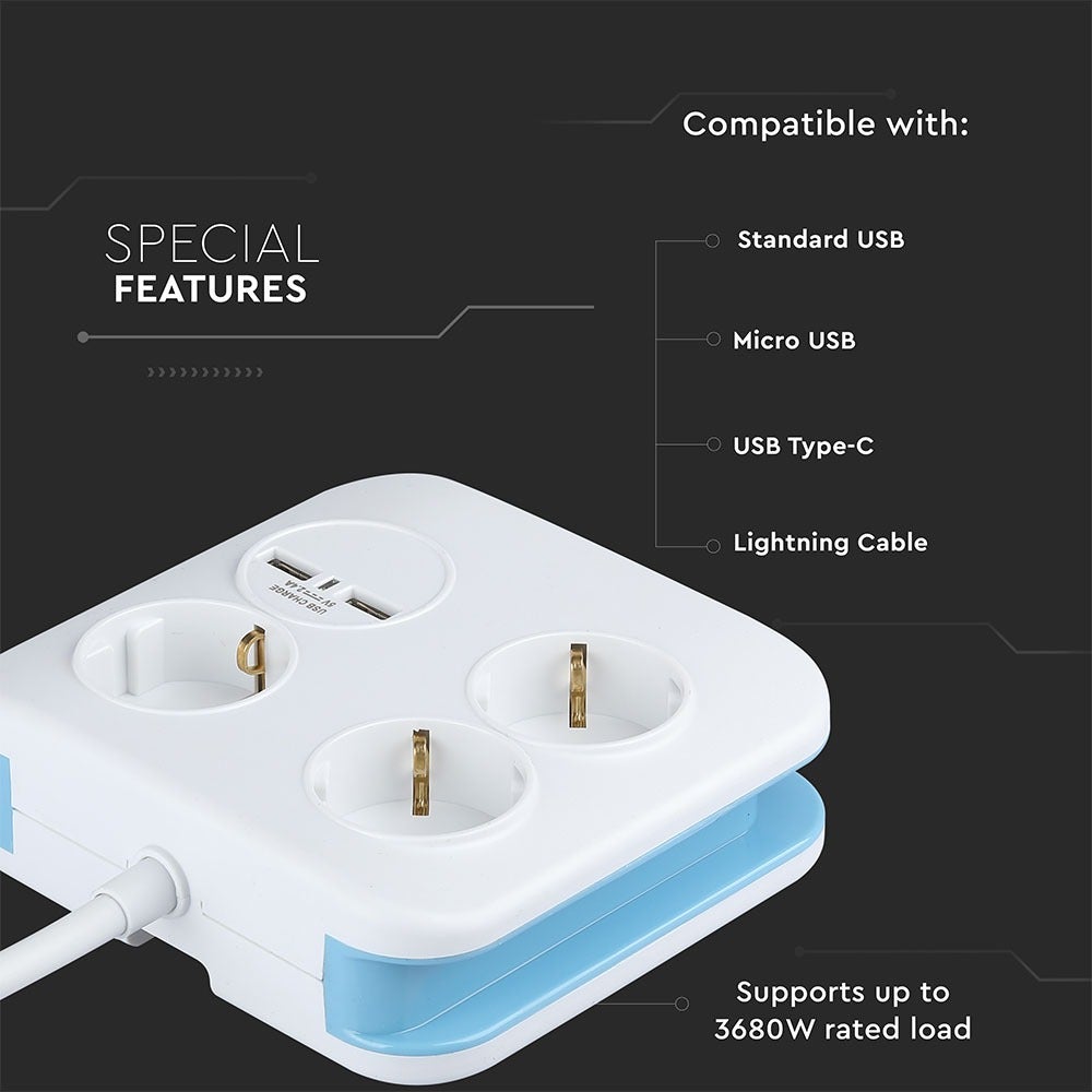 3-voudig verlengsnoer - USB - IP20 - Wit - 1,4 m kabel - Vierkant - Stopcontact - Stekkerdoos