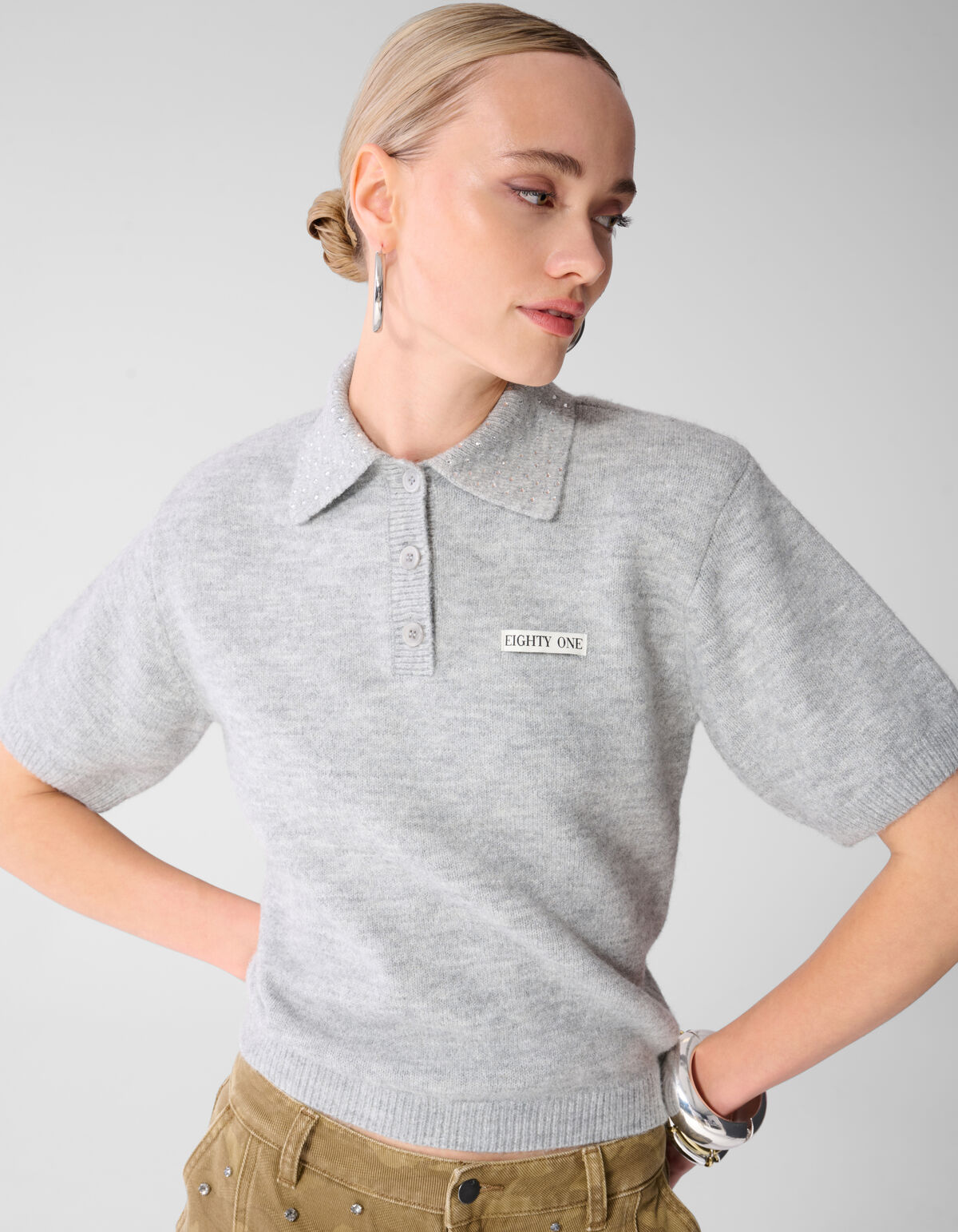Gebreide Strass Collar Polo Lichtgrijs