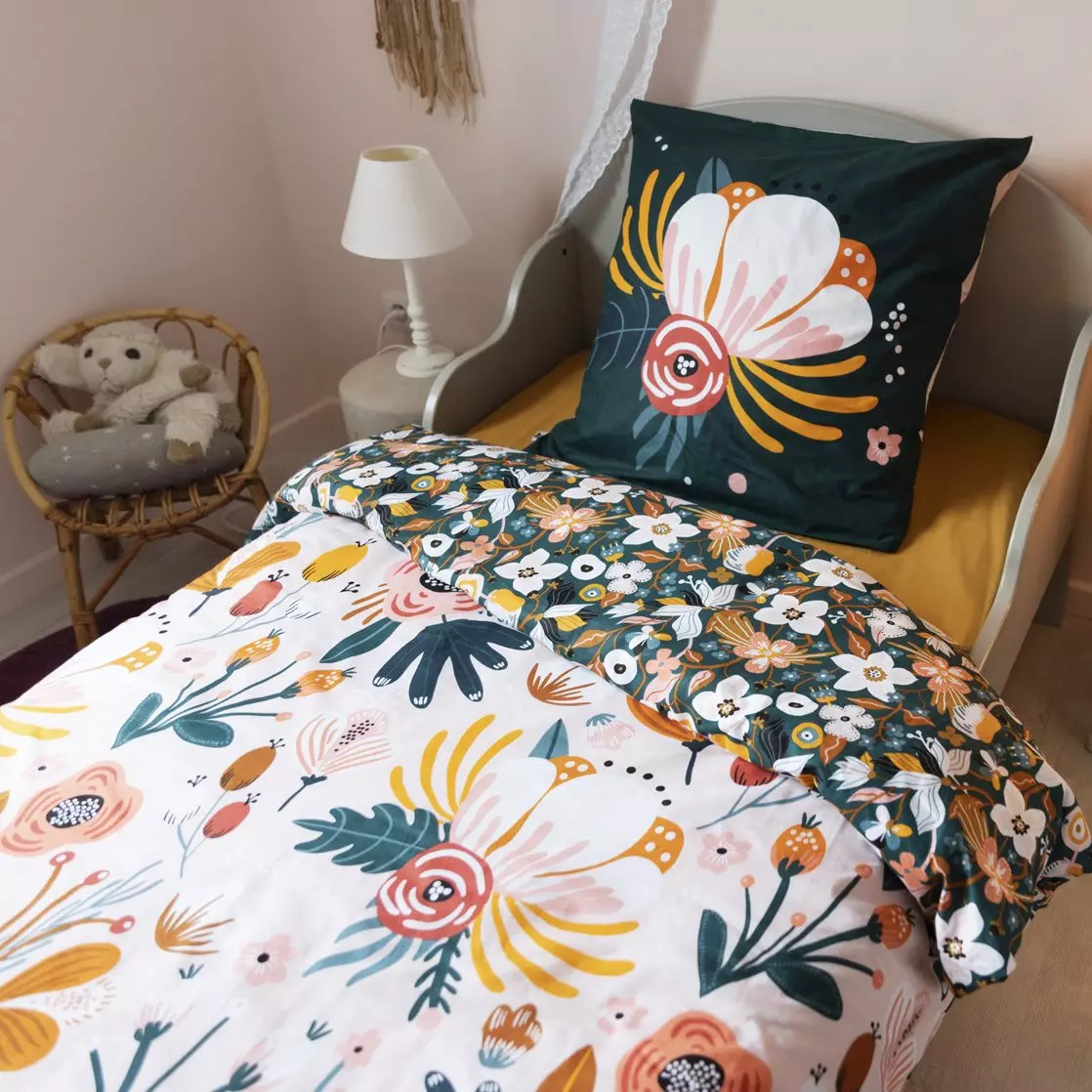 Housse de couette et deux taies enfant coton (200 x 200 cm) Champetre Multicolore