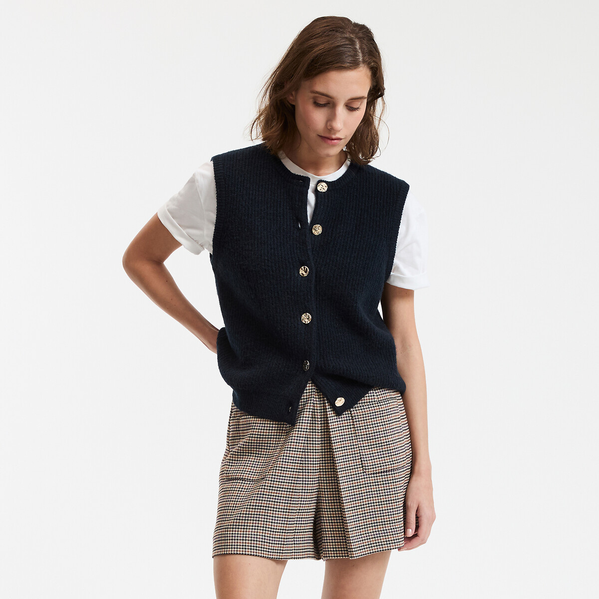 LA REDOUTE COLLECTIONS<br>Cardigã com fecho de botão, gola redonda, tricô grosso