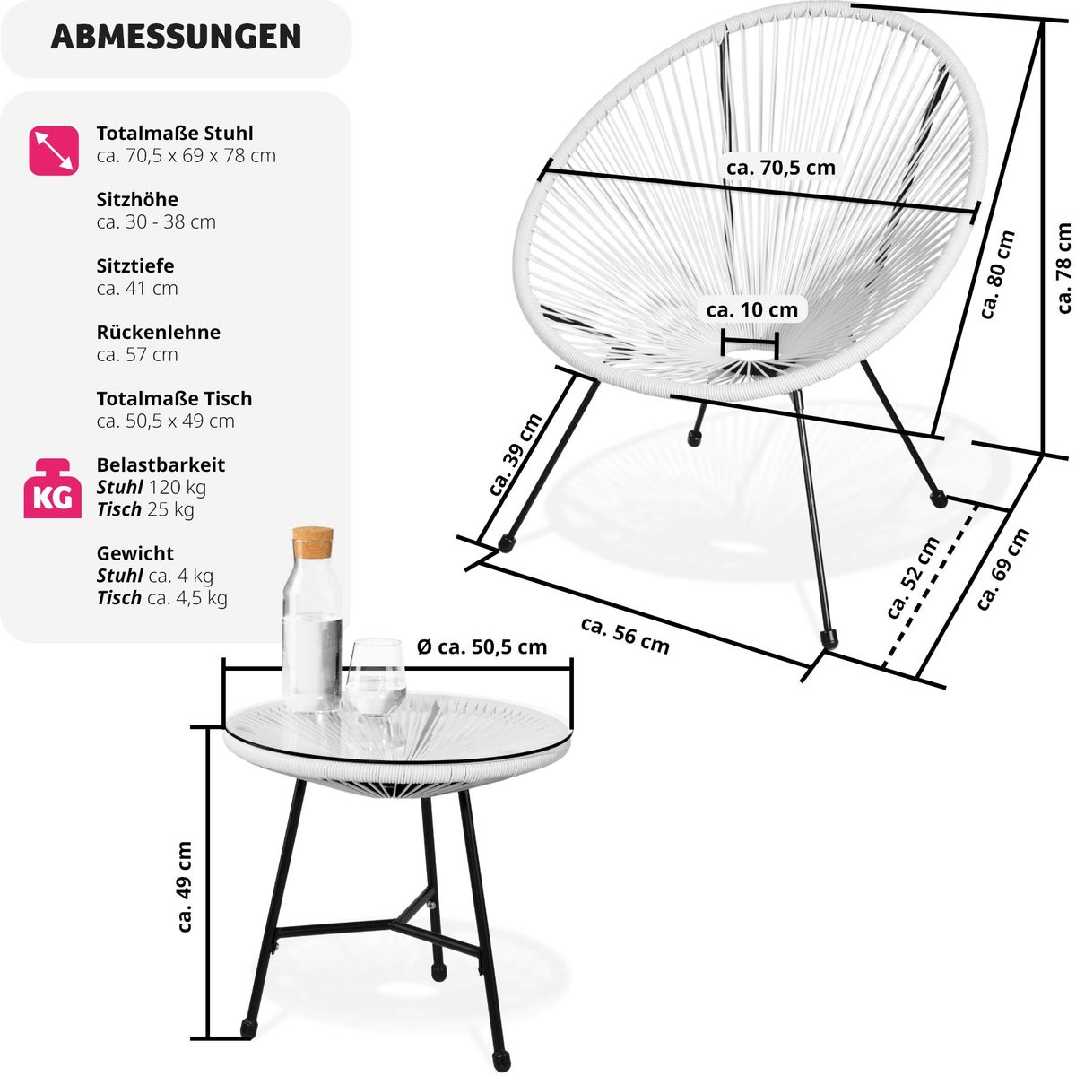 Santana tuinstoelen met tafel, tectake retrodesign in Acapulco-stijl, stoeldraagvermogen 120 kg