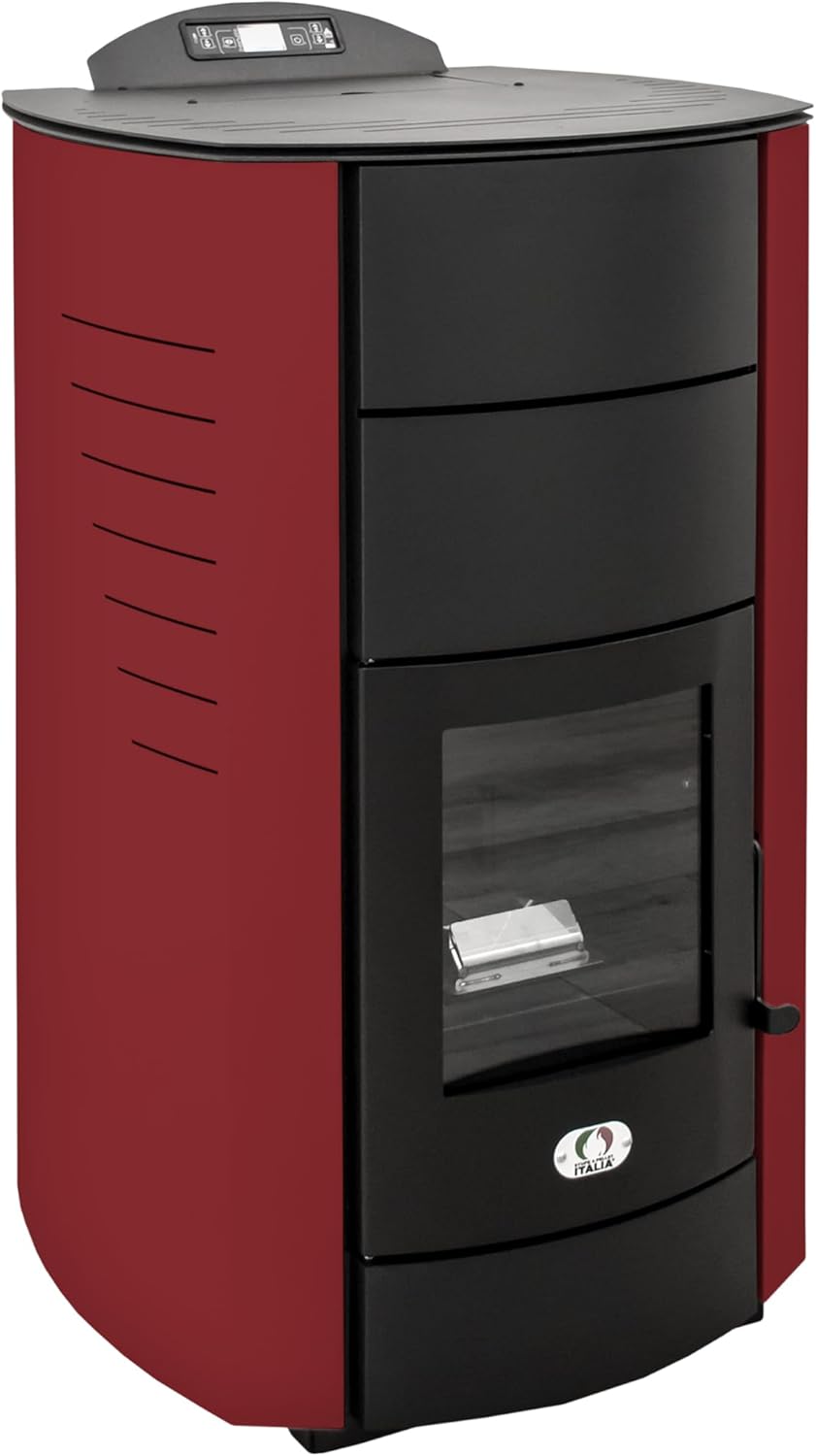 STUFE A PELLET ITALIA Manhattan 22 KW | Hydro-Pelletöfen für Heizung und Warmwasser 89% Effizienz Heizt 140m² Autonomie 22 Std Programmierbar 5 Geschwindigkeiten und Kräfte 24 Monate Garantie Rot