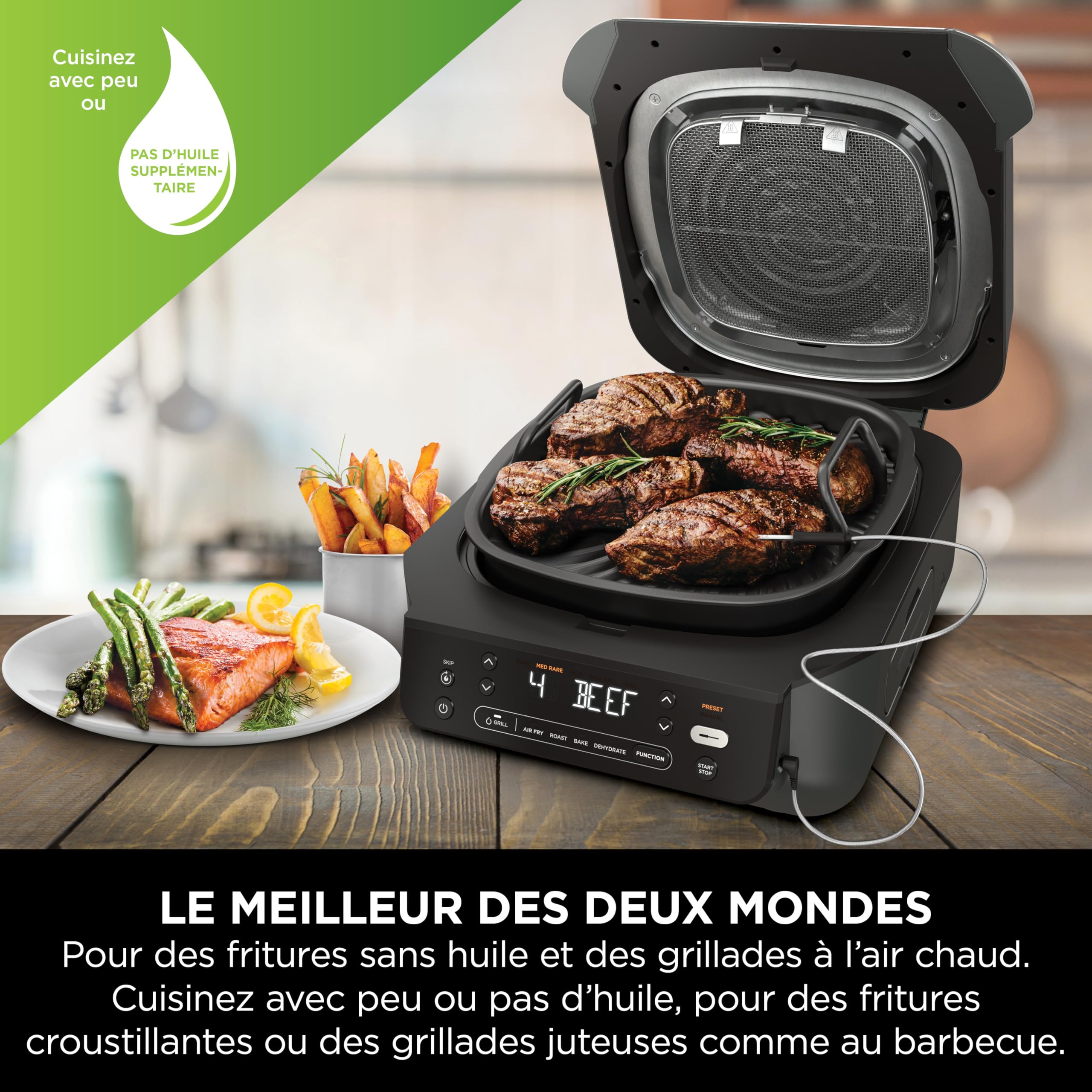 Ninja 5-en-1 Grill d’intérieur et friteuse sans huile, 5 modes, cuit jusqu’à 4 hamburgers, capacité 5,7 l, faible dégagement de fumée, thermomètre à v