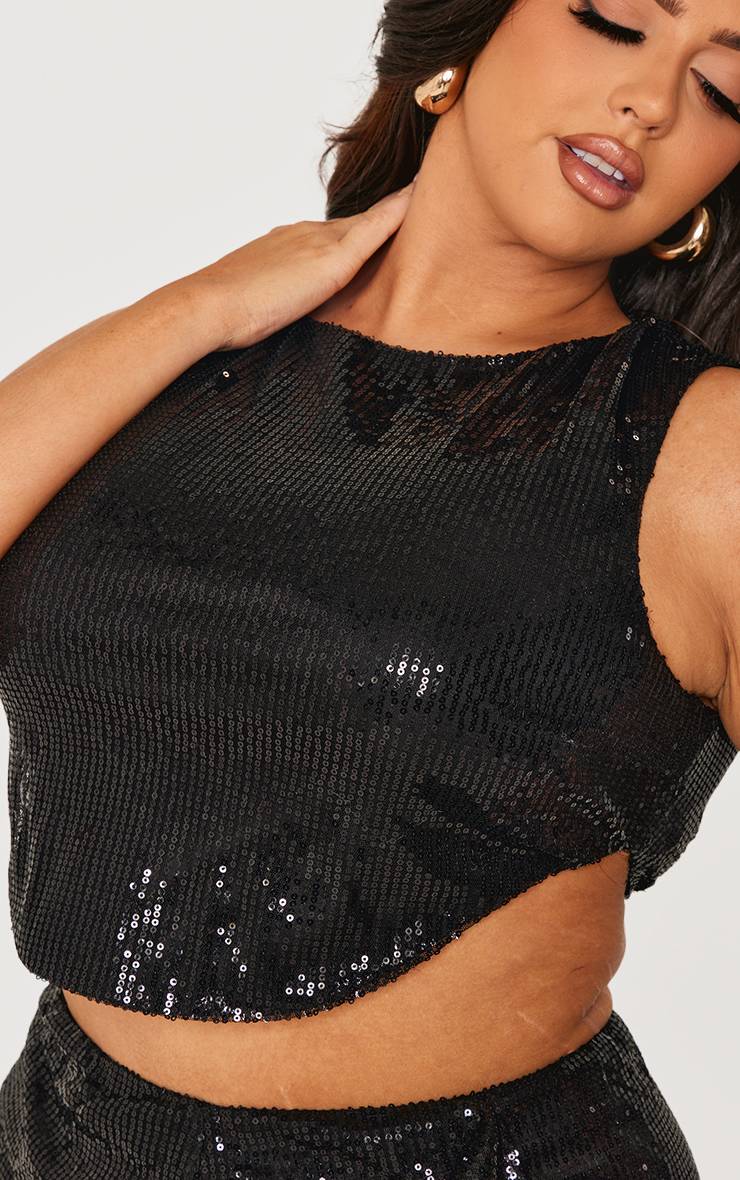 Noir Haut Court Grande Taille À Ourlet Asymétrique Et Sequins