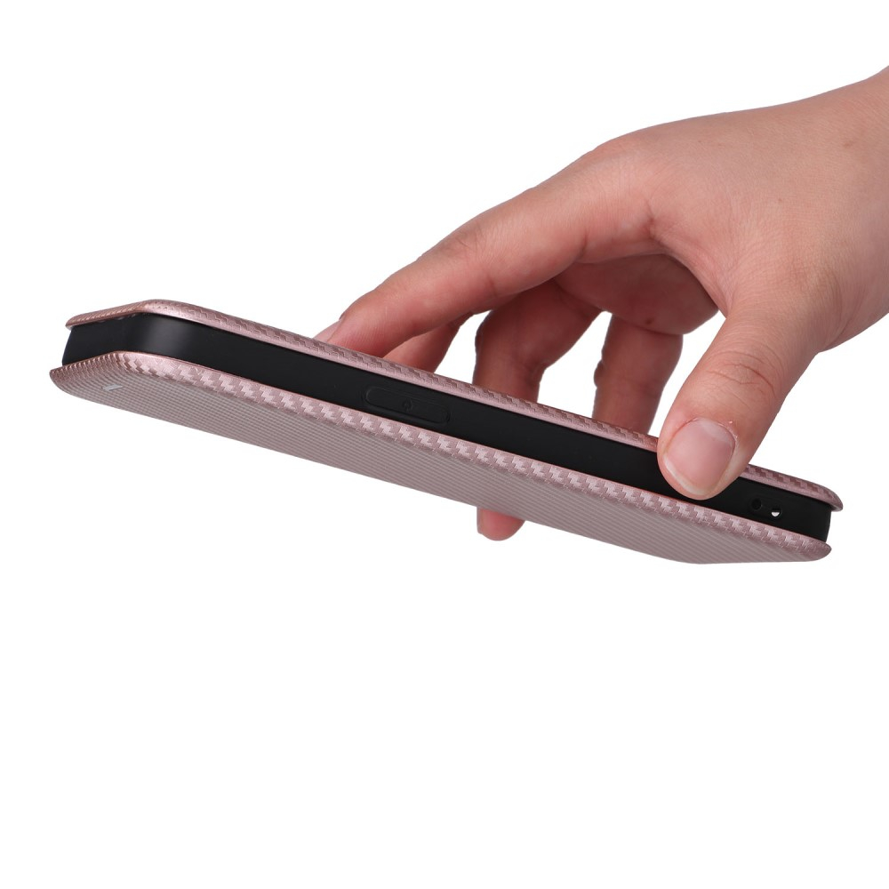 iPhone 14 Pro Leder Tasche Flip Cover Carbon Look - Roségold