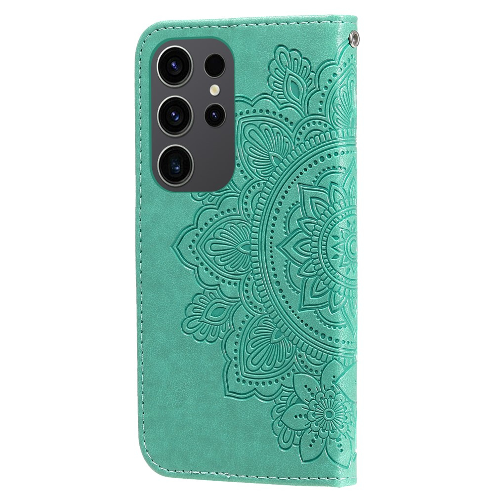 Samsung Galaxy S24 Ultra Leder Tasche Wallet - Mandala Flowers Imprint - Türkis