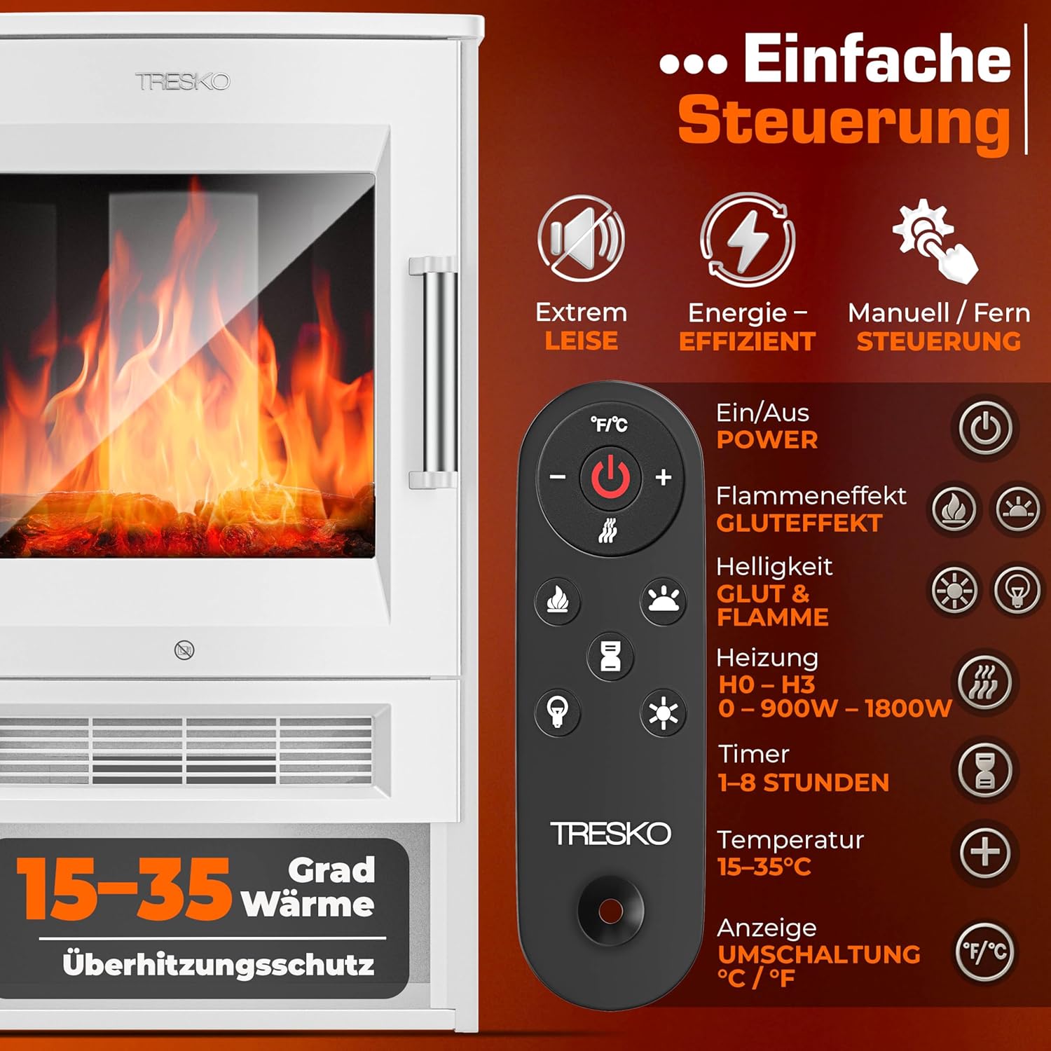 TRESKO® Elektrokamin mit Heizung inkl. Fernbedienung & WiFi App | Kamin elektrisch 1800W LED-Flammeneffekt Farbmodi | Kaminfeuer Thermostat, Timer | Elektro Kaminofen Standkamin 2 Heizstufen (Weiß)