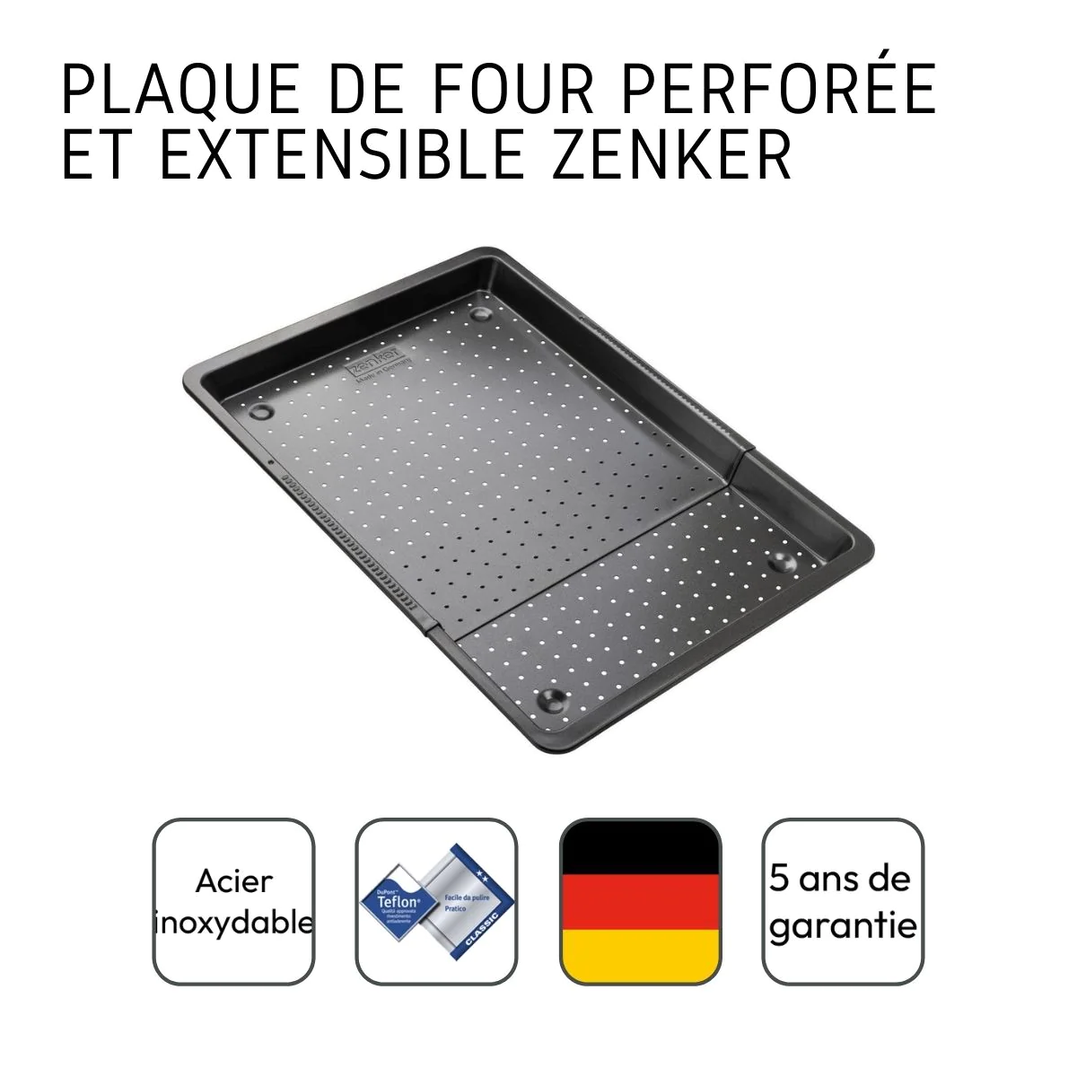 Plaque à pizza rectangulaire perforée extensible 37 à 52 x 33 cm Black