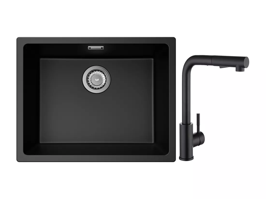 CECIPA MAX Evier 1 Bac en Quartz et Résine Noir Gris 55*44*20cm + Mitigeur de Cuisine avec Douchette Extractible Noir
