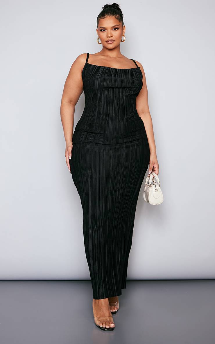 Noir Délavé Robe Longue Plissée Grande Taille À Col Bénitier Imprimée