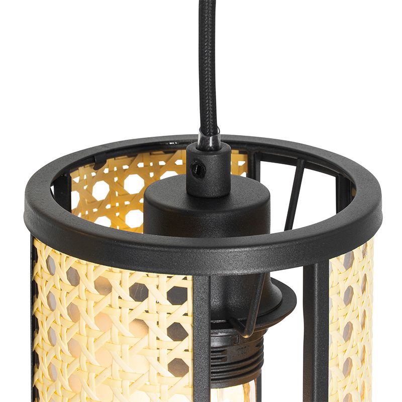 Oosterse hanglamp zwart met rotan 3-lichts rond - Akira