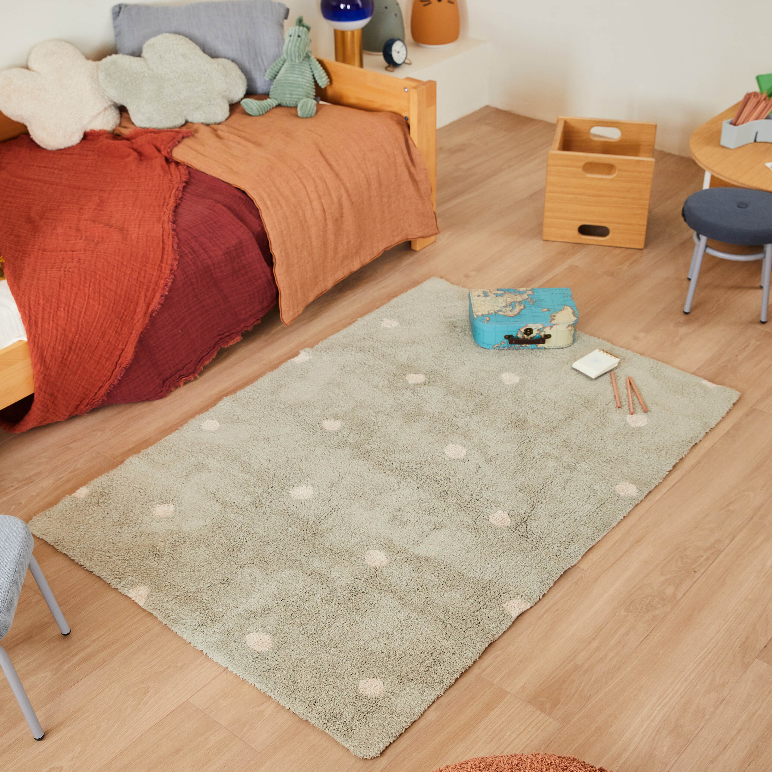 MINI DOT - Tapis rectangulaire lavable en coton | Bleu