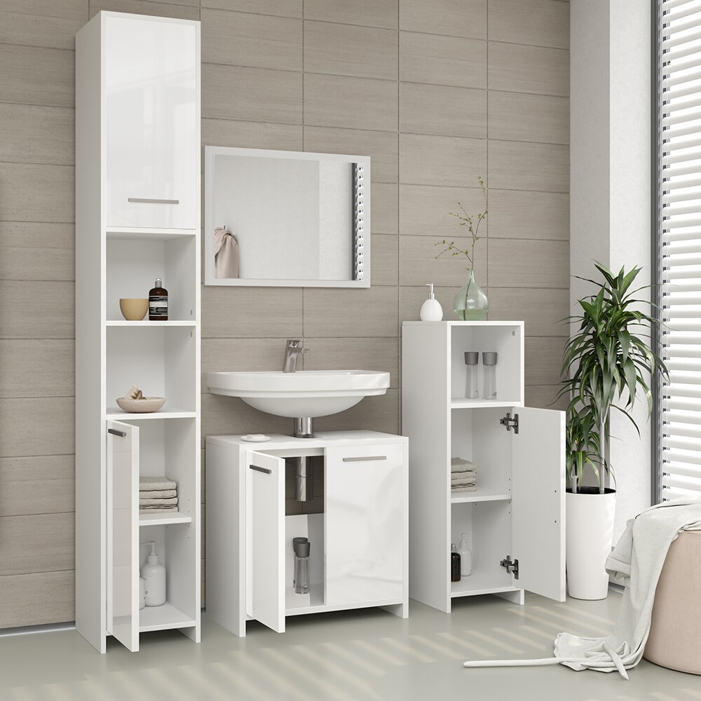 Vicco Badmöbel Set Kiko Badezimmer Spiegel Kommode Unterschrank Weiß /Weiß Hochglanz
