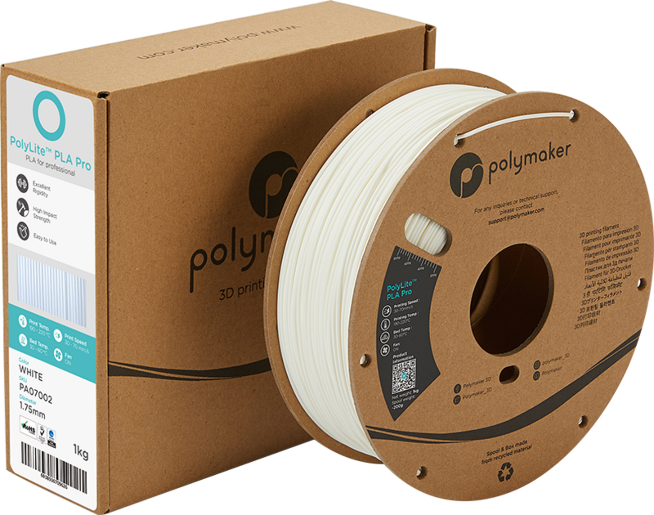 Polymaker  PolyLite PLA PRO White, 1,75 mm (1.000 g)    PLA Filament mit exzellenten Eigenschaften für FDM Drucker
