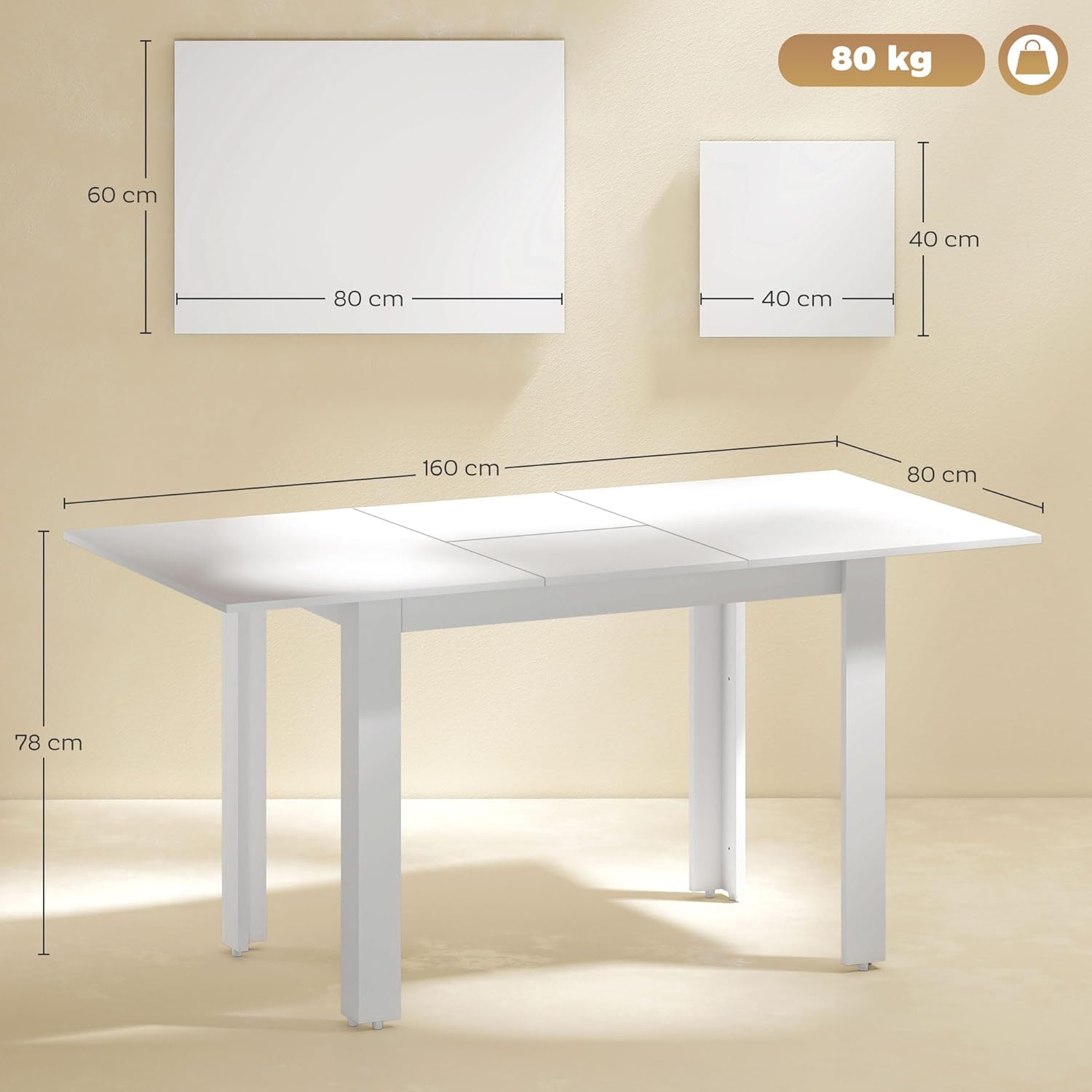 HOMCOM Esstisch ausziehbar 120-160 x 80 cm Küchentisch für 4-6 Personen Modern Esszimmertisch für Küche, Esszimmer, Hochglanzweiß