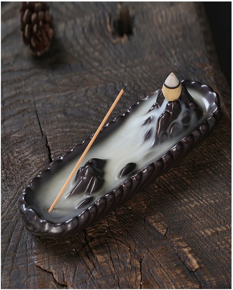 (19x6cm) Keramik Räucherstäbchen Halter Home Deko Wasserfall Räucherkegel Aschefänger - Braun