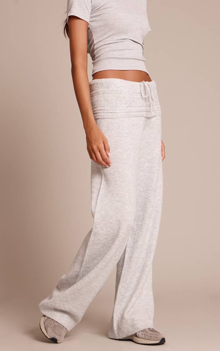 Gris Clair Pantalon En Maille Côtelée Souple À Taille Repliée