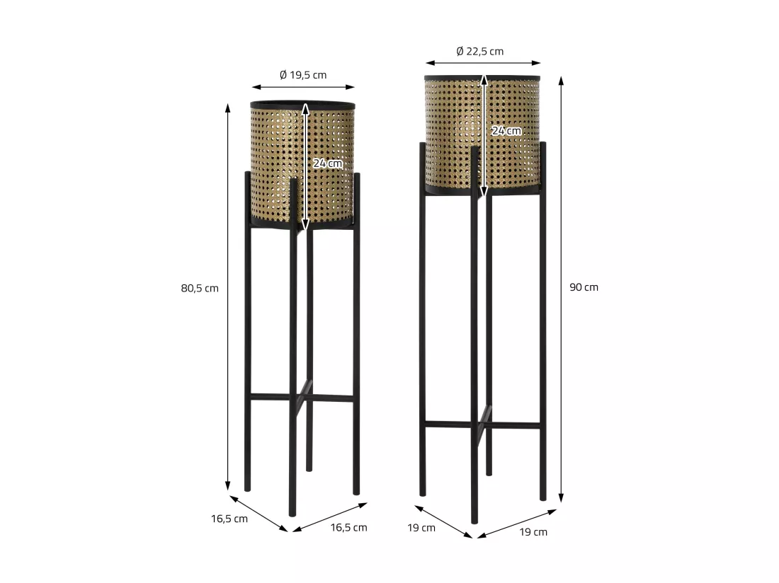 ML-Design Porte-fleurs set de 2 pièces noir-or 16,5x16,5x80,5 cm/19x19x90 cm, acier, support de pots de fleurs avec cache-pot, support de plantes en métal, support de pots de fleurs 2 pièces, pot de plantes colonne de fleurs tabouret de fleur