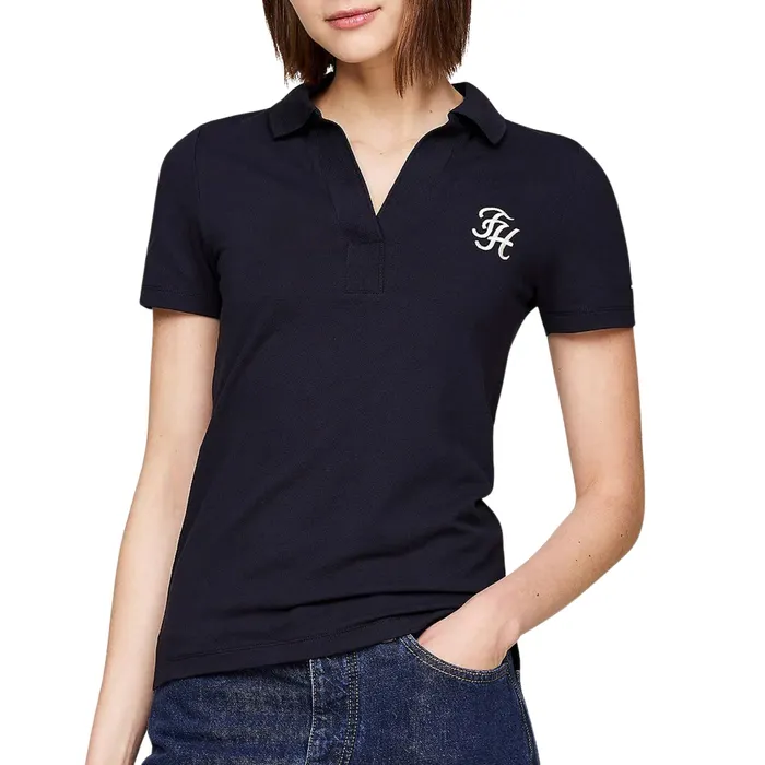 Tommy Hilfiger Slim Script Logo Open Neck Polo Dames