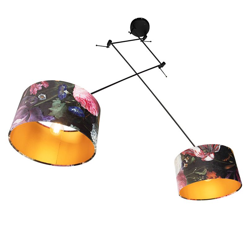 Hanglamp zwart met velours kappen bloemen met goud 35 cm 2-lichts - Blitz