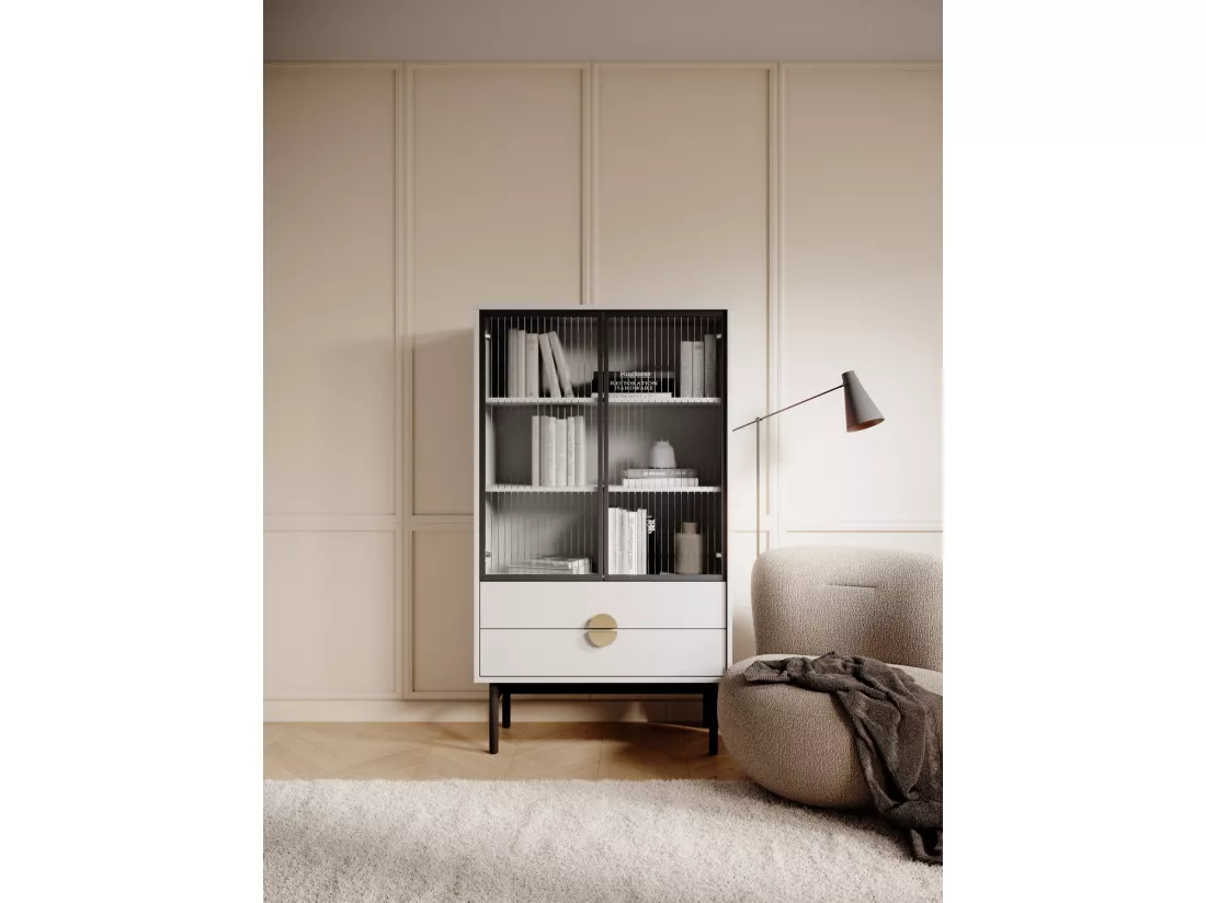 Vitrine basse - 84 cm - avec trois étagères et tiroirs - blanc - STOON