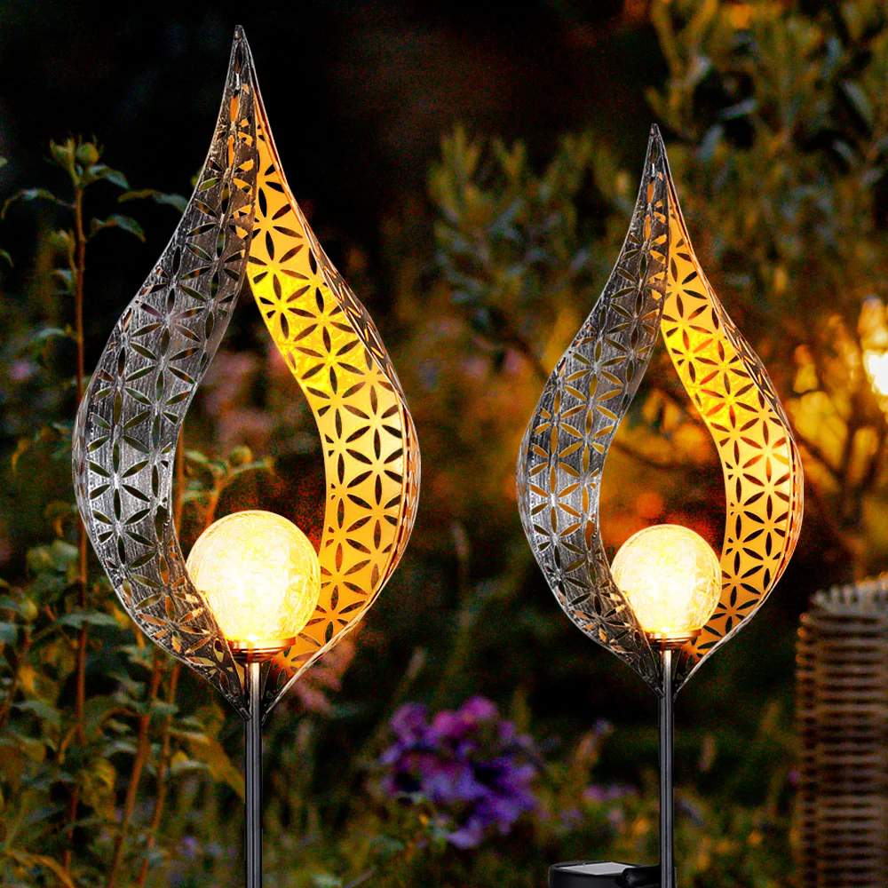 2x LED Solarleuchte, Flammen Design, silber, gelb, H 90 cm